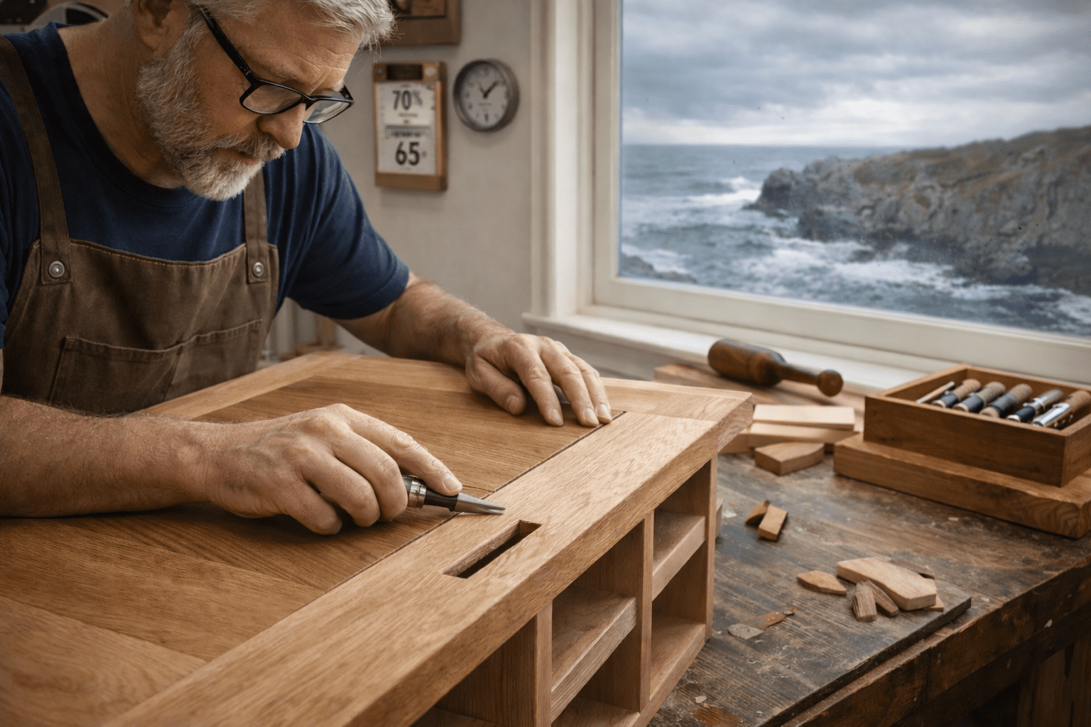 Woodworker creating movement-friendly joinery in a coastal workshop using marine-grade finishes to prevent wood movement