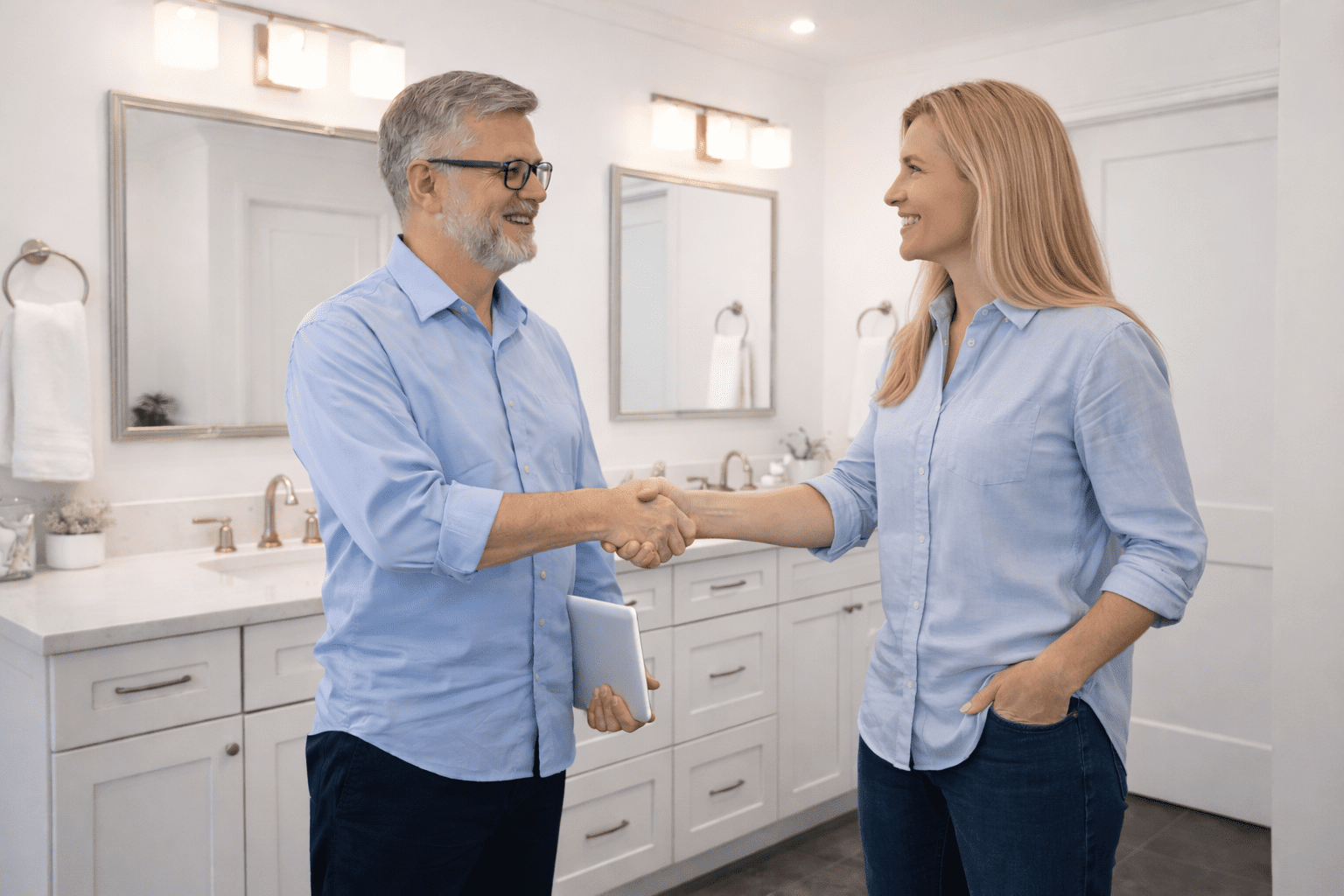 Contractor shaking hands with a homeowner in a modern white bathroom remodel in Saco, Maine