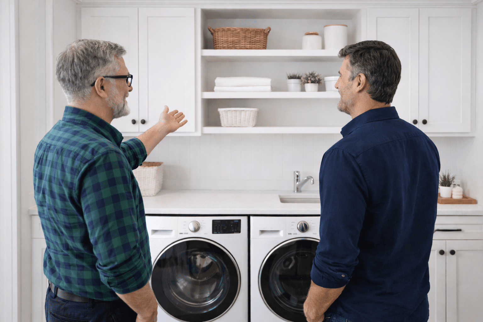 Contractor and homeowner reviewing a finished white built-in laundry room in Saco, Maine