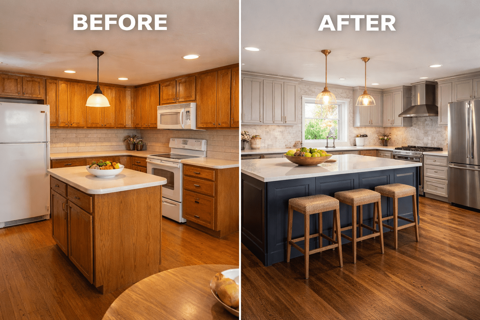 Side-by-side before-and-after kitchen comparison showing an older kitchen with wood cabinets and dated appliances on the left, and a remodeled kitchen with light cabinetry, a dark island, modern lighting, and stainless steel appliances on the right.