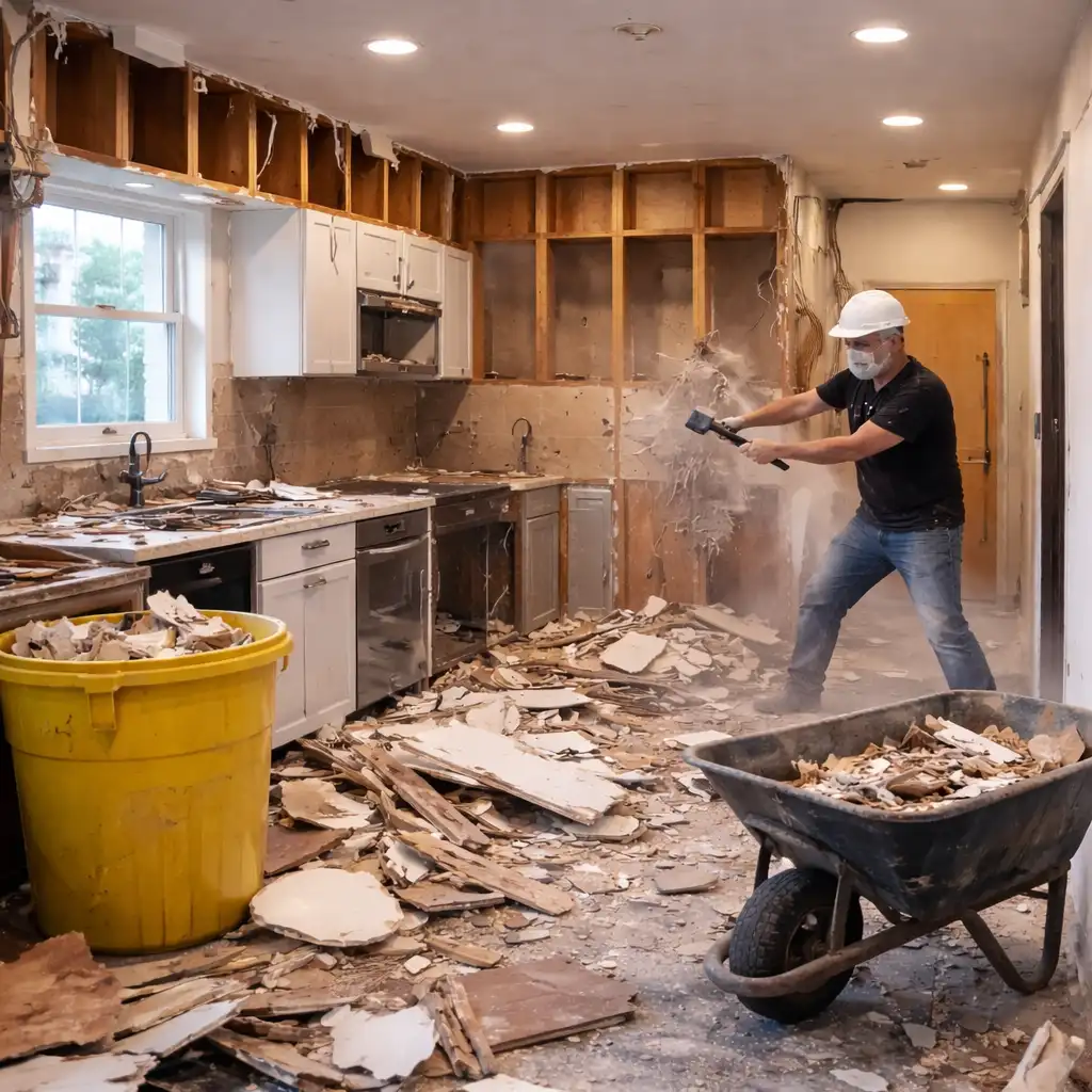 Kitchen demolition in progress during a professional remodel in Saco, Maine, showing safe, controlled removal of cabinets and drywall before renovation.