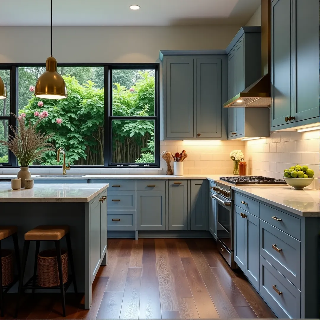 A warm transitional kitchen featuring classic wood cabinets given a fresh white paint finish, brushed nickel hardware, and a balanced mix of deep twilight and warm under-cabinet LED lighting.