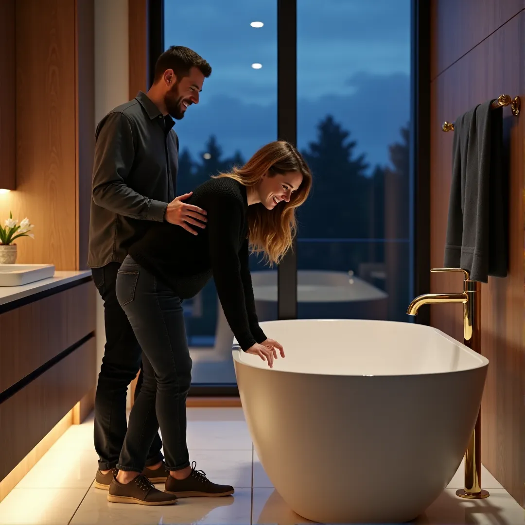 happy couple admiring their new freestanding soaking tub and gold faucet in a luxury bathroom at deep twilight. The woman, wearing a dark sweater and jeans, leans away from the viewer while reaching down to touch the gold fixture. She is turning her head back over her shoulder, smiling warmly at her husband. He stands behind her, smiling and looking back down at the tub. The moody scene features navy blue walls, dark wood floors, and warm 2200K LED lighting.