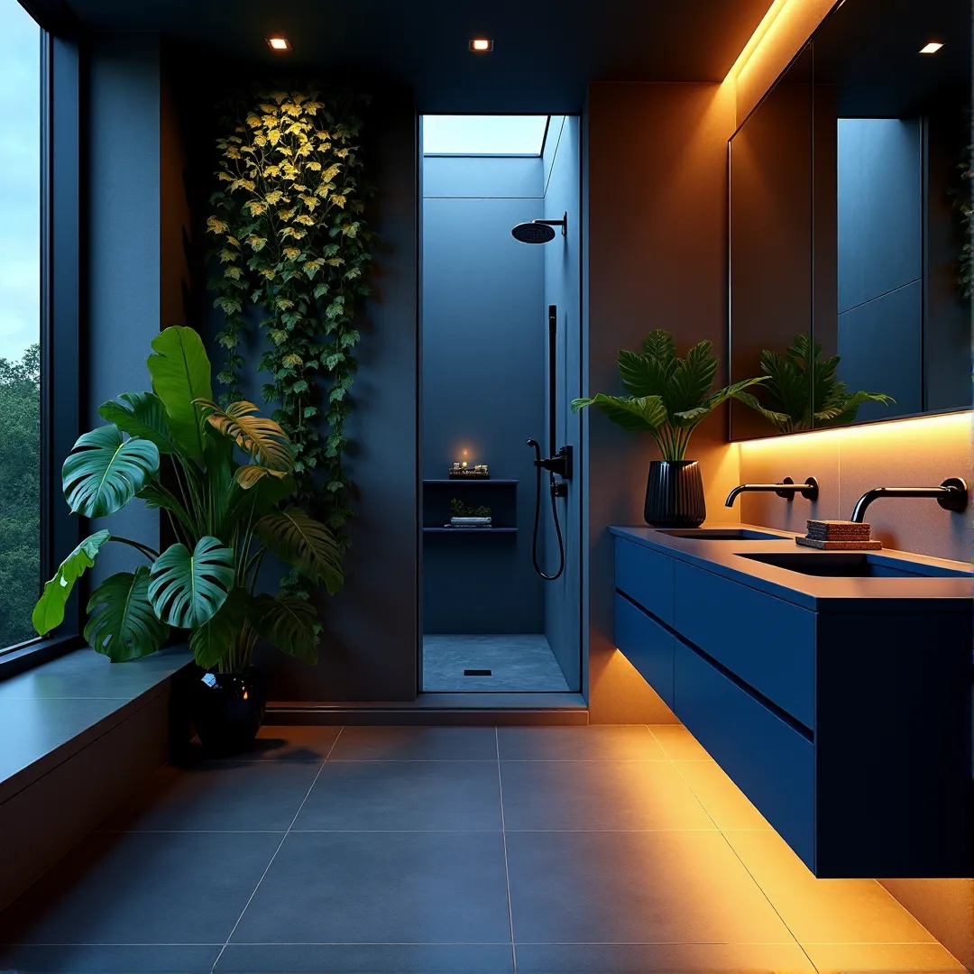 High-end bathroom interior featuring a custom deep blue vanity and lush indoor green foliage, illuminated by warm LED lighting against a moody twilight backdrop.
