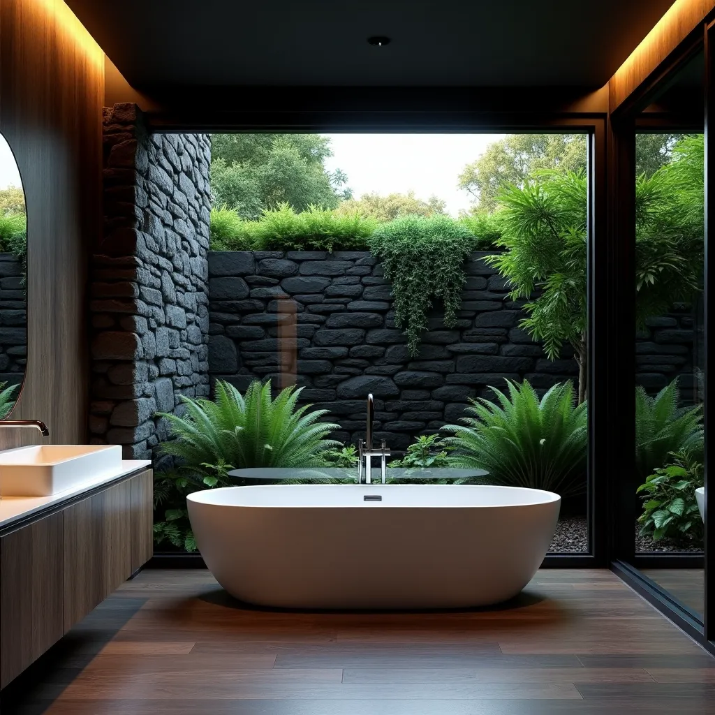 A deep twilight photo of a luxury bathroom featuring warm LED lighting grazing a textured stacked stone wall, a custom dark oak floating vanity, and a large window looking out onto a lush green private garden.