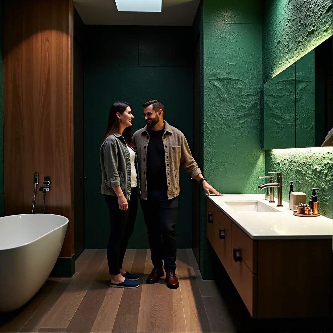 A photorealistic rendering of a smiling couple inspecting their completed luxury bathroom renovation, featuring a textured emerald green tile wall, custom white oak vanity, and twilight lighting.