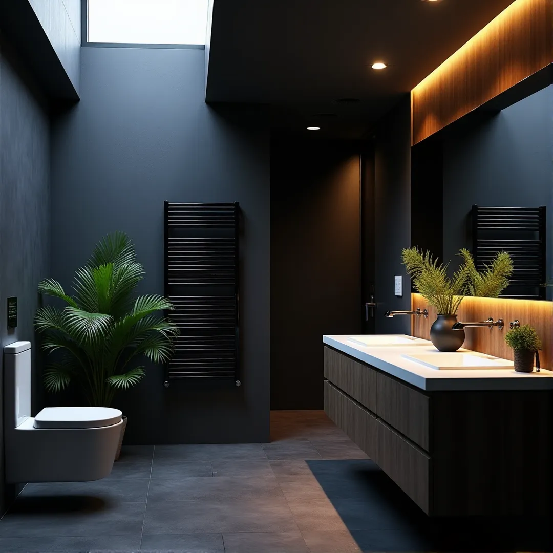 A photorealistic rendering of a luxury twilight bathroom featuring a modern towel warmer, green plants, and a custom white oak vanity.