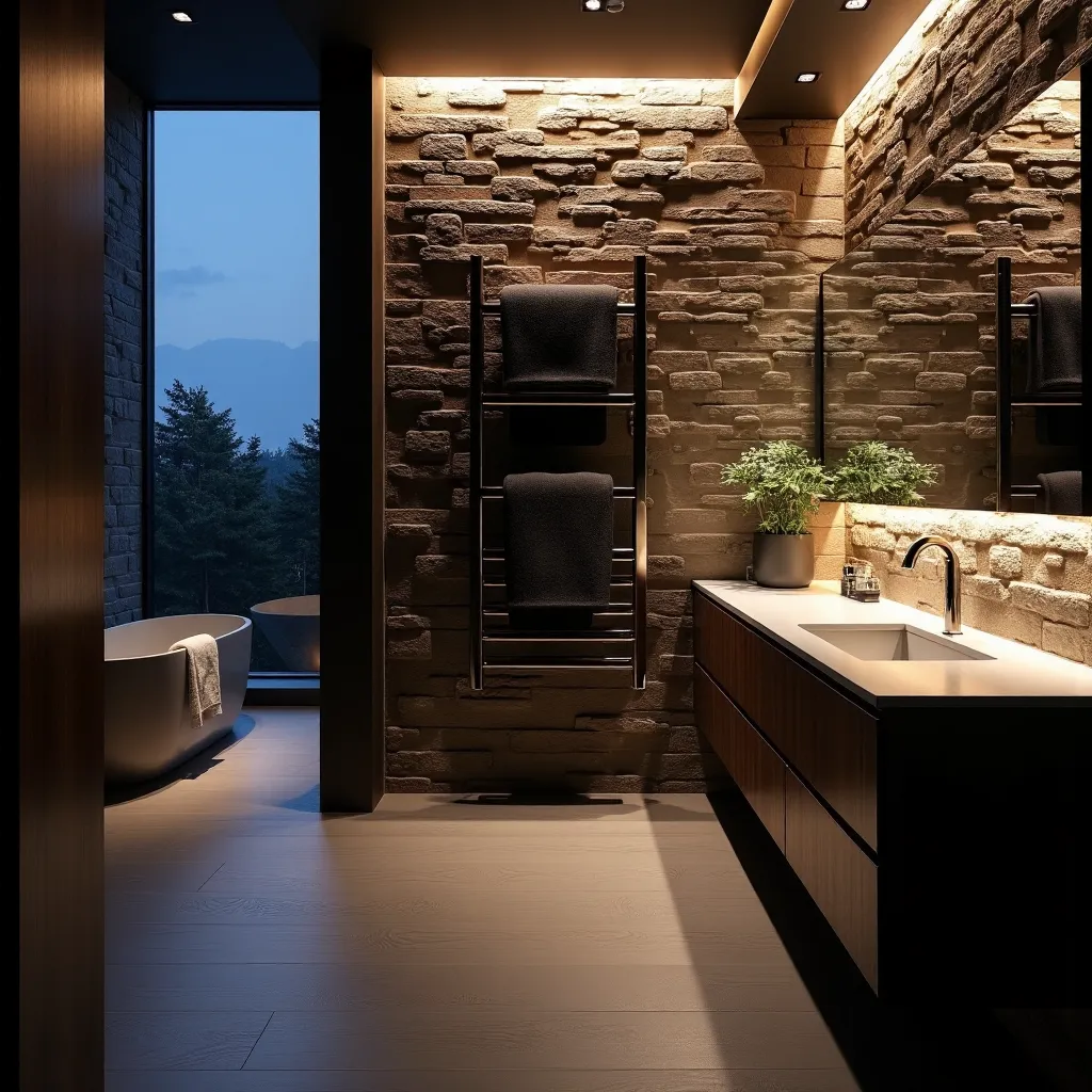 A photorealistic interior view of a luxury bathroom at twilight, featuring a polished nickel modern towel warmer mounted on a rugged stacked stone wall, beside a dark oak floating vanity with quartz countertops.
