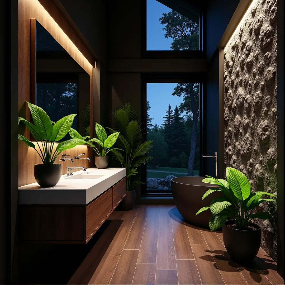 A photorealistic rendering of a luxury twilight bathroom in Saco, Maine, featuring vibrant green plants for high contrast, a custom white oak floating vanity, textured stone, and bluish twilight lighting.