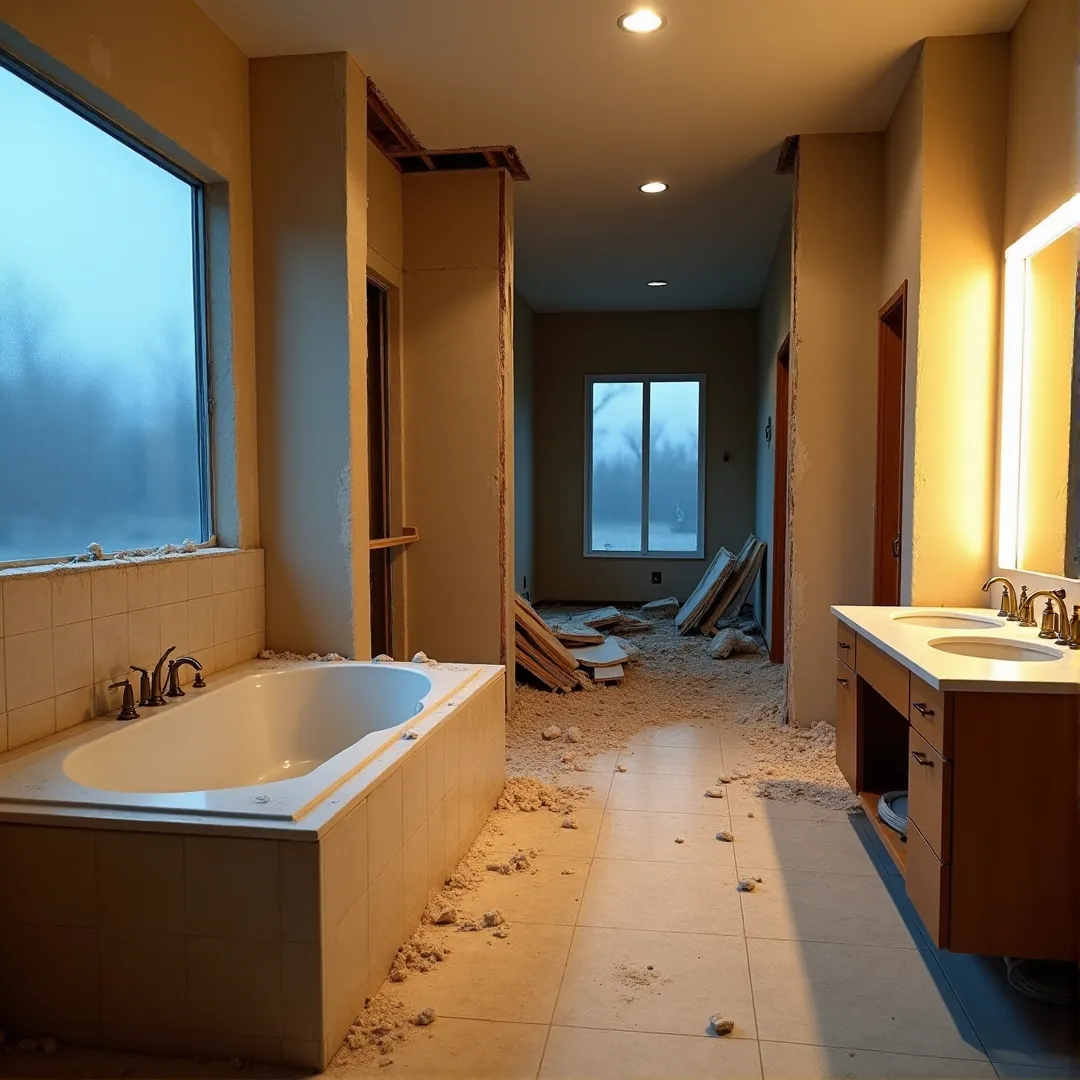 Wide-angle interior photograph of an active 1990s master bathroom demolition, showing jetted tub removal, exposed pipes, flying dust, and dramatic warm LED and cool twilight lighting.