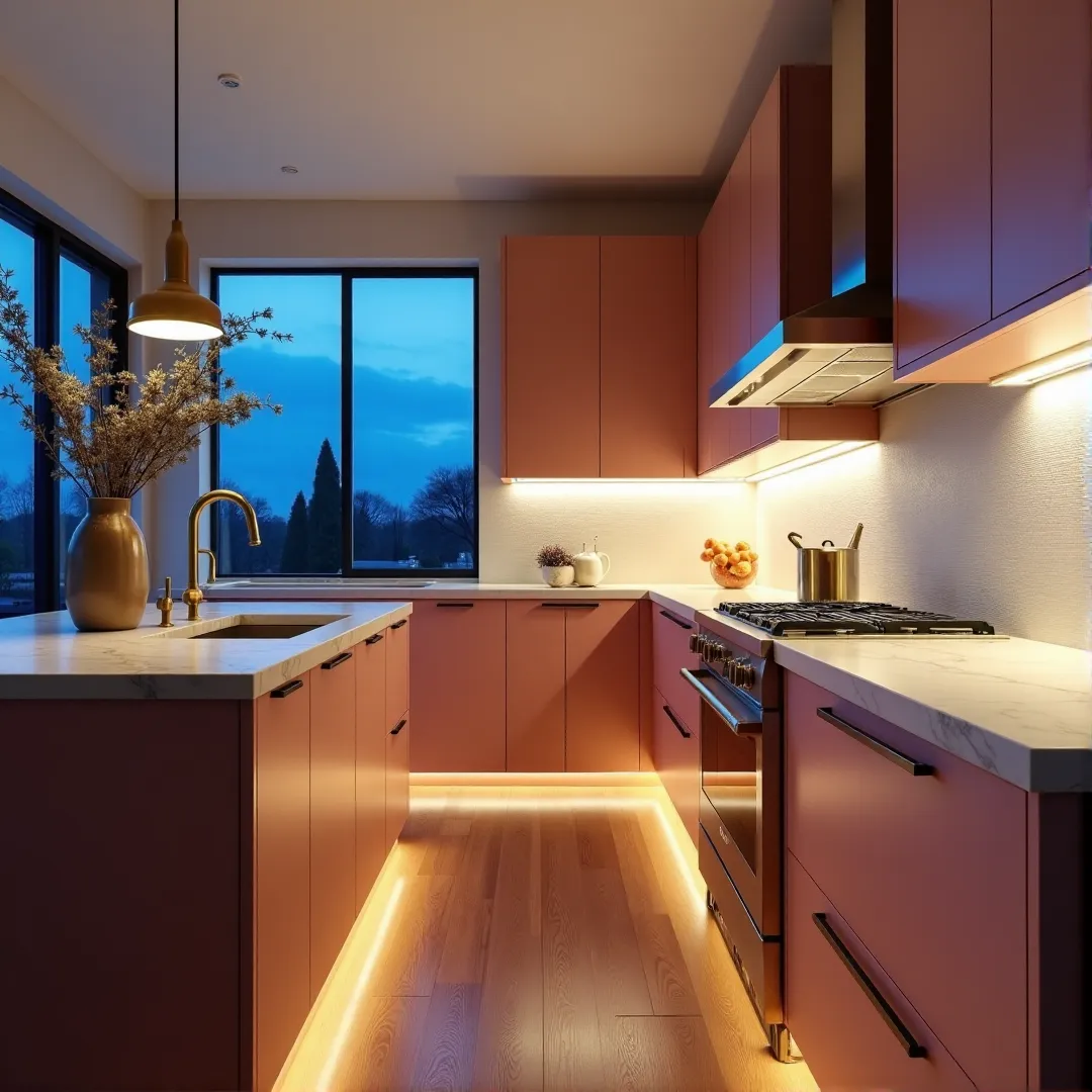 A transitional kitchen featuring sophisticated dusty rose pink cabinets, a warm cream zellige tile backsplash, warm LED toe-kick lighting, Carrara marble countertops, and a balanced mix of deep twilight and warm task lighting.