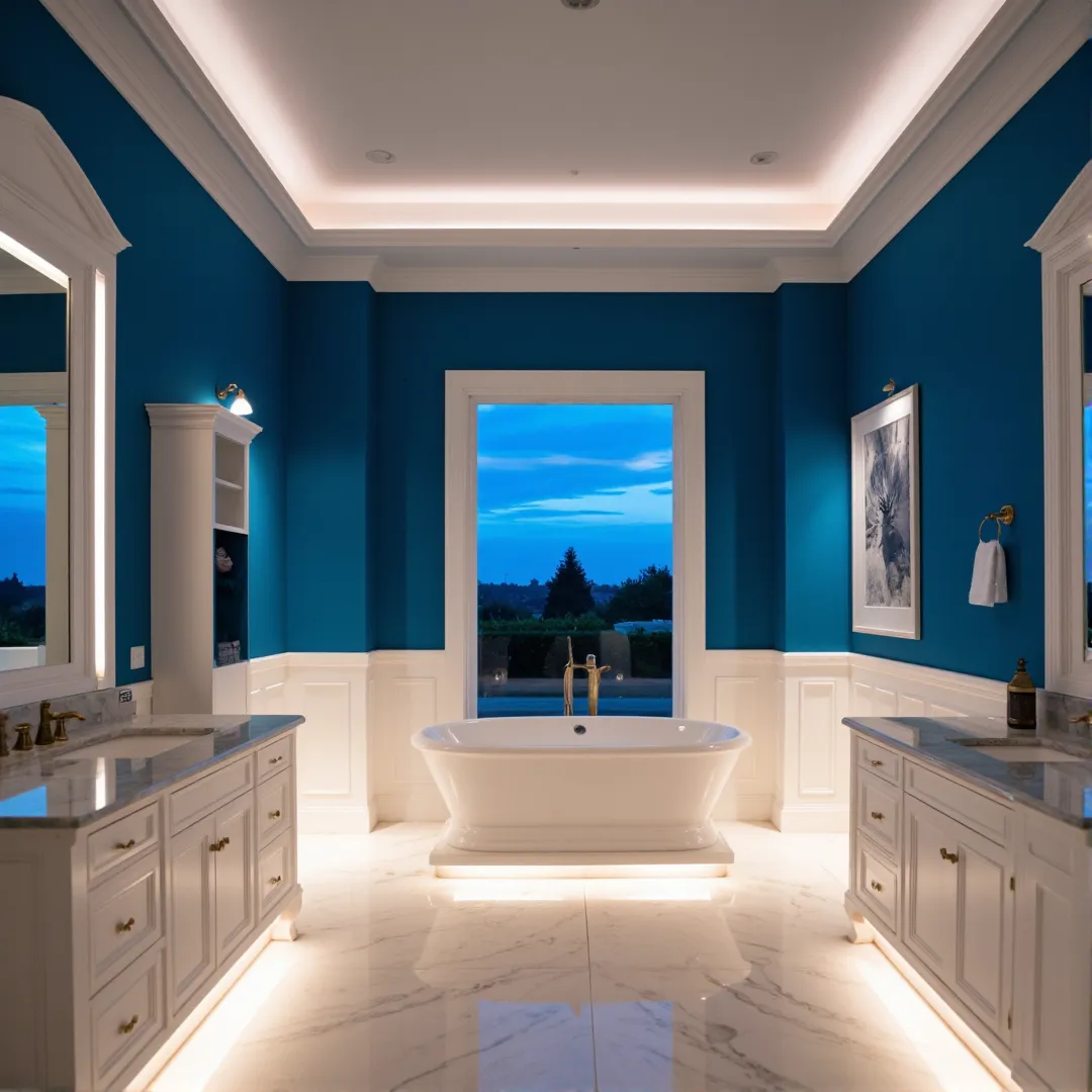 Wide-angle interior photograph of a luxury master bathroom featuring jewel-toned peacock blue walls, crisp white wainscoting, a freestanding soaking tub, and contrasting brushed brass fixtures, illuminated by deep blue twilight and warm 2200K LED lighting.