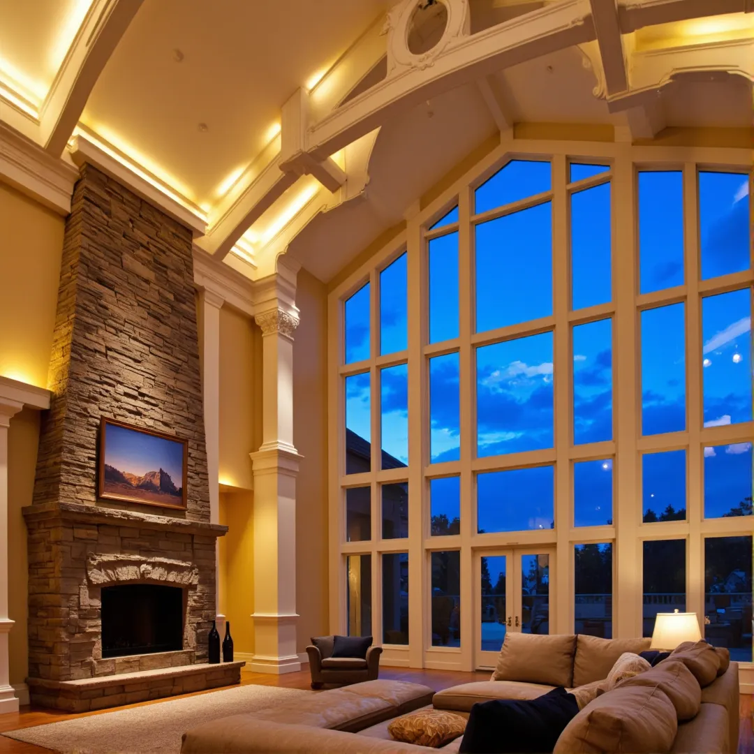 Wide-angle interior photograph of a grand family room featuring a soaring vaulted ceiling with painted woodwork and massive support columns, a stone fireplace, and sophisticated taupe walls, illuminated by deep blue twilight and warm 2200K LED lighting.
