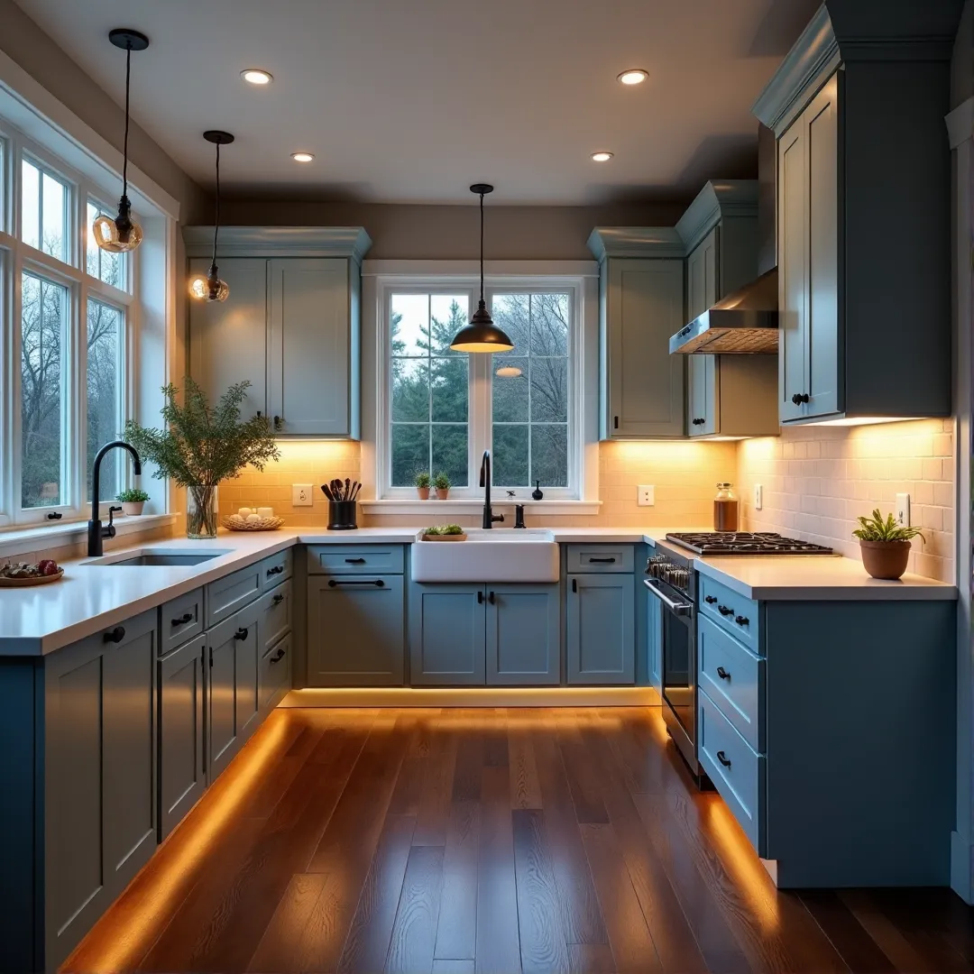 A transitional kitchen featuring 20-year-old cabinets repainted in light blue, dark hardwood floors, a light sand-colored backsplash, and a dramatic balance of deep twilight and warm LED lighting.