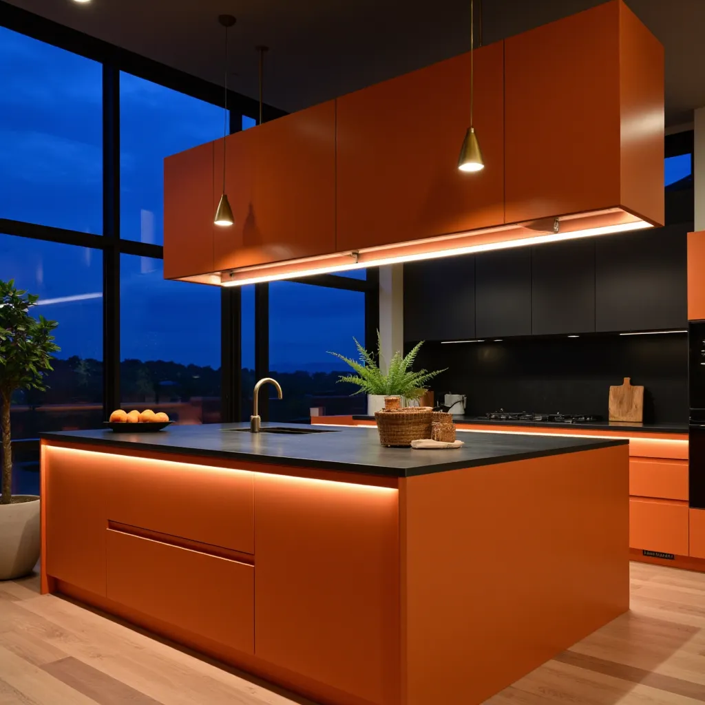 Wide-angle interior photograph of a luxury modern orange kitchen with a warm burnt orange cabinetry, concrete countertops, and dark wood flooring under a dramatic mix of moody blue twilight and warm LED lighting, featuring two green plants and a wicker basket on the island.