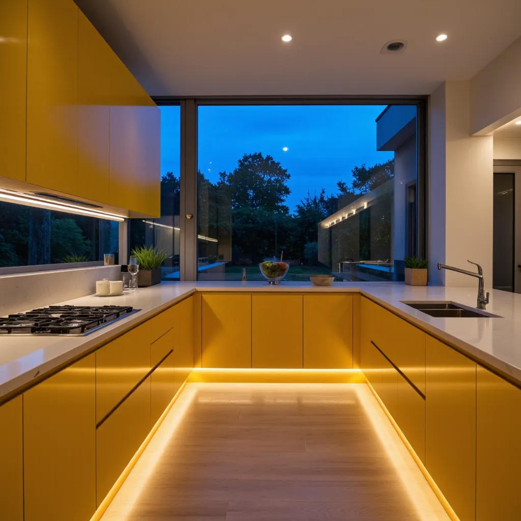 Wide-angle interior photograph of a luxury kitchen featuring warm mustard yellow cabinetry and a massive picture window looking out into a lush garden, illuminated by deep blue twilight and warm 2200K LED lighting.