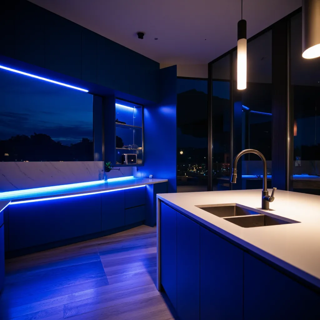 Wide-angle interior photograph of a modern luxury kitchen featuring flat-panel deep navy blue cabinetry, a white quartz waterfall island, and avant-garde modern fixtures, illuminated by deep blue twilight and warm 2200K LED lighting.