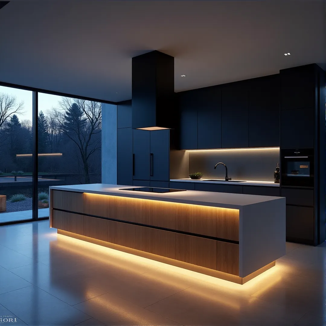 A photorealistic square rendering of a modern luxury kitchen in Saco, Maine at deep twilight. The moody, atmospheric scene features navy blue walls, minimalist white oak cabinetry, a white quartz waterfall island, and warm 2200K LED lighting beautifully contrasting with deep blue ambient light pouring in from a large window.