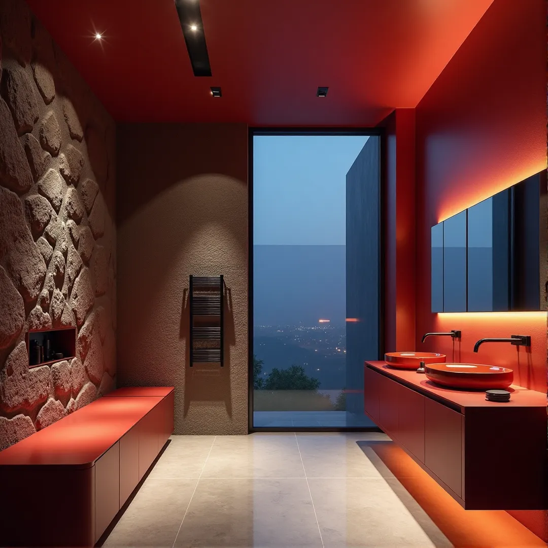 Modern high-end bathroom renovation featuring a crimson red vanity, rugged natural rock feature wall, and sleek heated towel rails against a light limestone floor under moody twilight lighting.