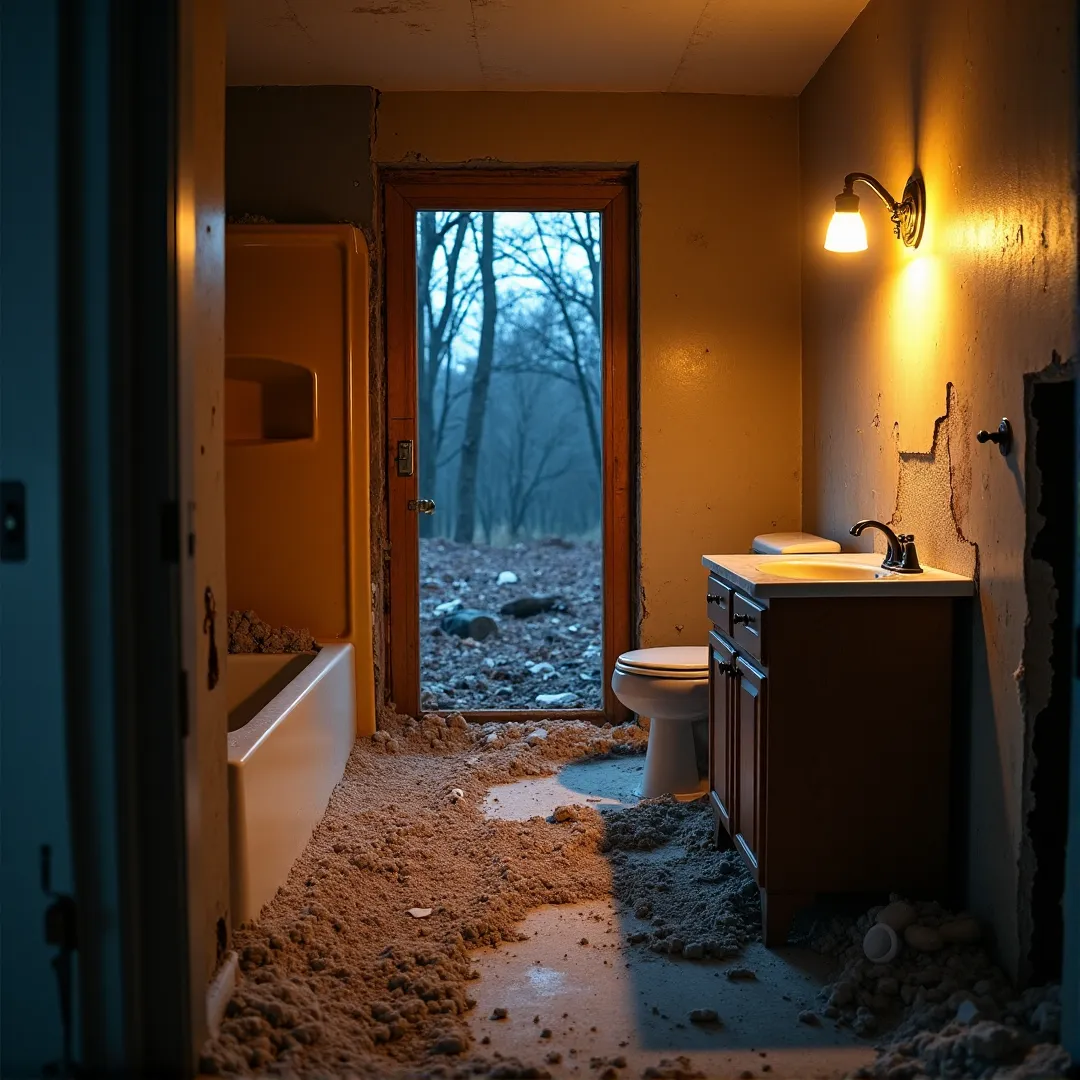 A photorealistic photograph of an old, outdated bathroom undergoing demolition at deep twilight in Saco, Maine. The scene is dark and moody, adhering to chiaroscuro lighting. Debris, a smashed faux-wood vanity, peeled linoleum, and a broken fiberglass shower fill the space. Deep blue twilight filters through a dusty window, contrasting with a single warm 2200K work bulb casting heavy shadows over exposed studs and broken tile.