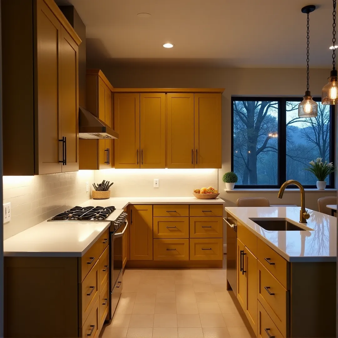 A warm transitional kitchen featuring classic cabinets repainted in a sophisticated muted yellow with brushed brass hardware, illuminated by a balance of deep twilight and warm LED lighting.