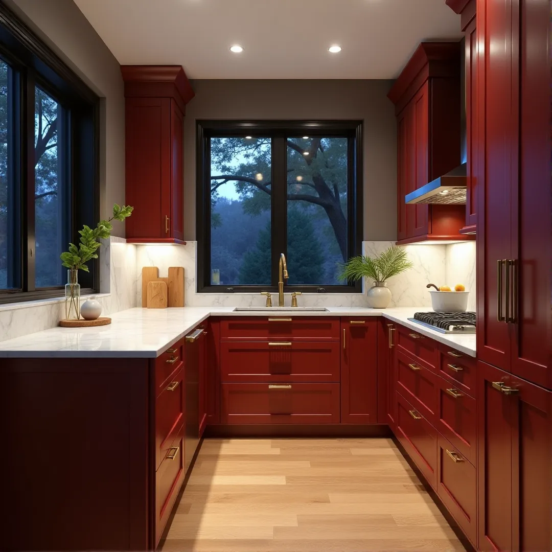 A transitional kitchen featuring rich muted red cabinetry, brushed brass hardware, Carrara marble countertops, and a balanced mix of deep twilight and warm under-cabinet LED lighting with no floor illumination.