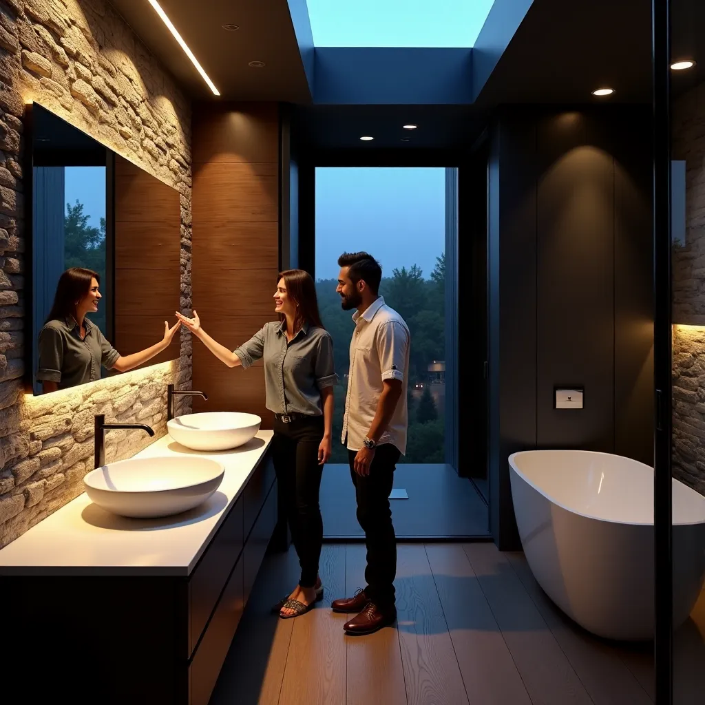 A square-framed, photorealistic view of a happy couple inspecting a newly renovated luxury bathroom with textured stone walls and custom oak cabinetry at twilight.
