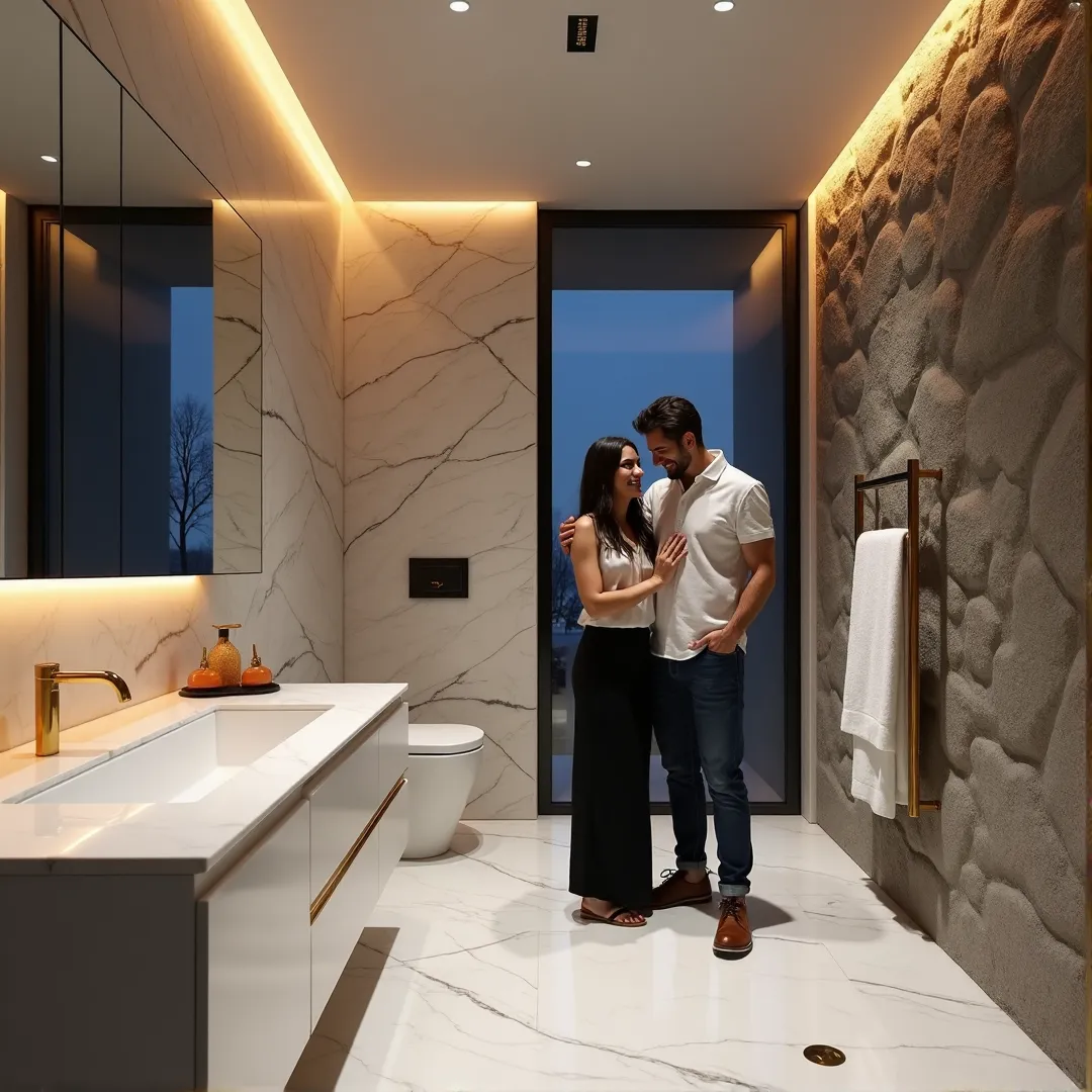 Happy couple in a luxurious white marble and gold bathroom renovation, smiling while touching a rugged rock feature wall illuminated by warm twilight.