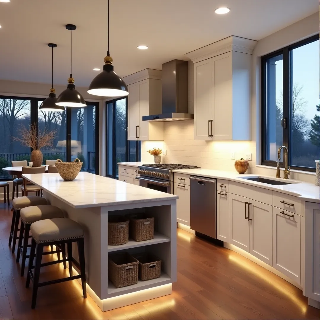 A transitional kitchen featuring sophisticated white cabinets, brushed brass hardware, dark walnut floors, a warm cream backsplash, woven wicker baskets, and a dramatic balance of deep twilight and warm LED lighting.